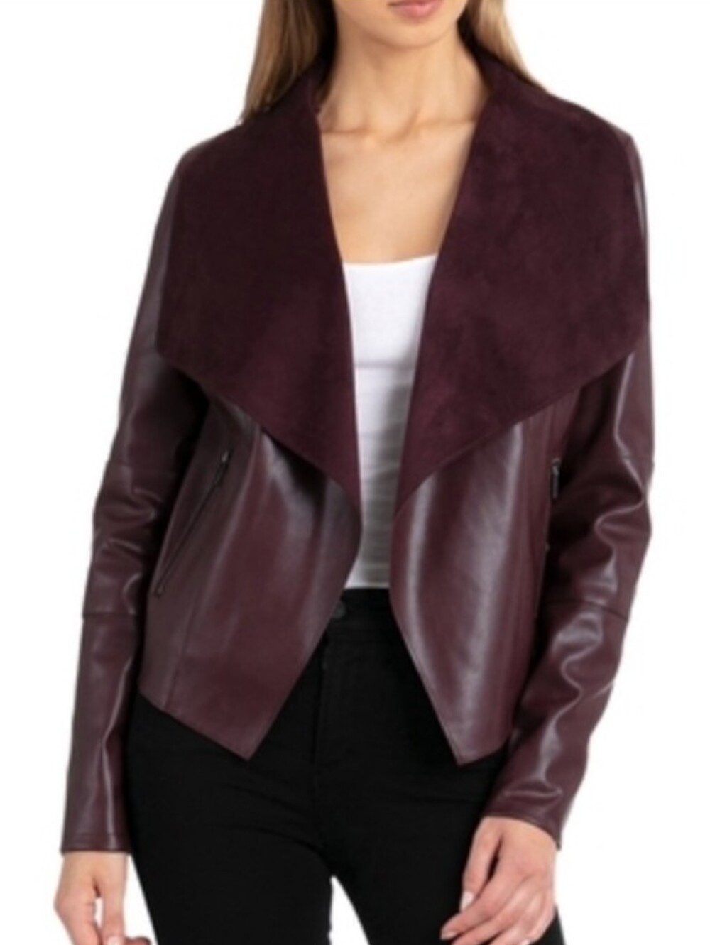 Bagatelle Draped Faux Leather Jacket in Deep Wine